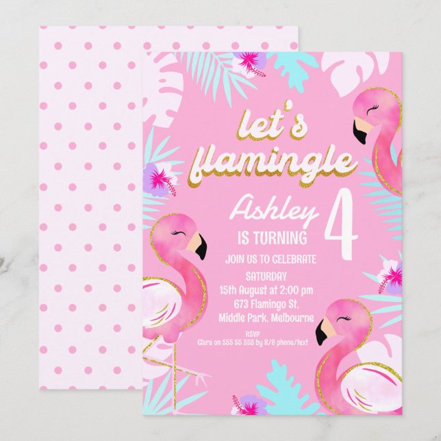 Gold Pink Flamingo Let's Flamingle Geburtstag Einladung (Vorne/Hinten)