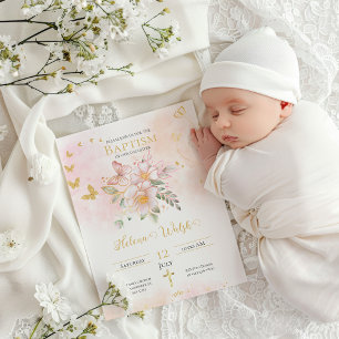 Gold Pink Floral Butterfly Taufe Christening Einladung