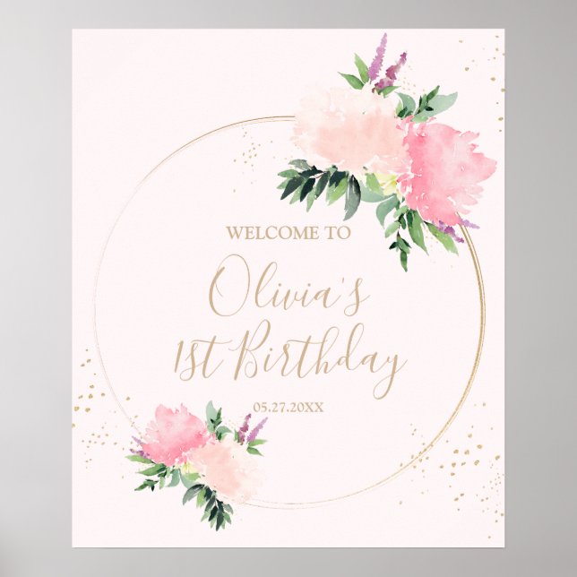 Gold Pink Floral Geburtstag Willkommen Poster (Vorne)