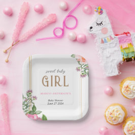 Gold Pink Floral Girl Babydusche Rahmen Pappteller