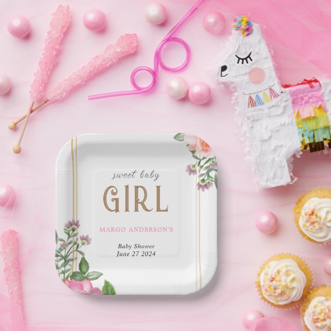 Gold Pink Floral Girl Babydusche Rahmen Pappteller (Party)