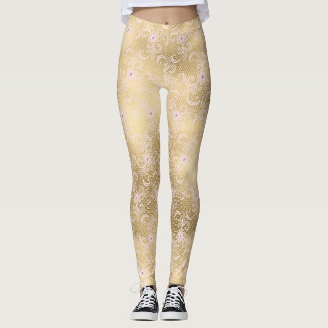 Gold Pink Floral Lace Leggings (Vorderseite)