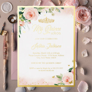 Gold Pink Floral Quinceanera Geburtstag Folieneinladung