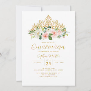 Gold Pink Floral Tiara Quinceanera Einladung