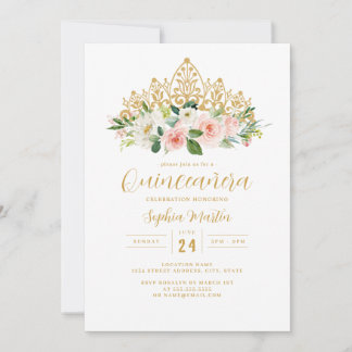 Gold Pink Floral Tiara Quinceanera Einladung