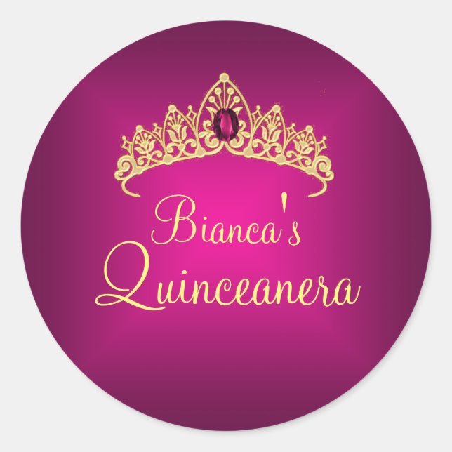 Gold & Pink Gem Tiara Quinceanera Sticker (Vorderseite)
