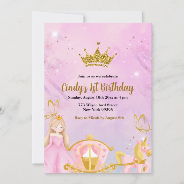 Gold Pink Girl Princess Carriage First Birthday Einladung (Vorderseite)