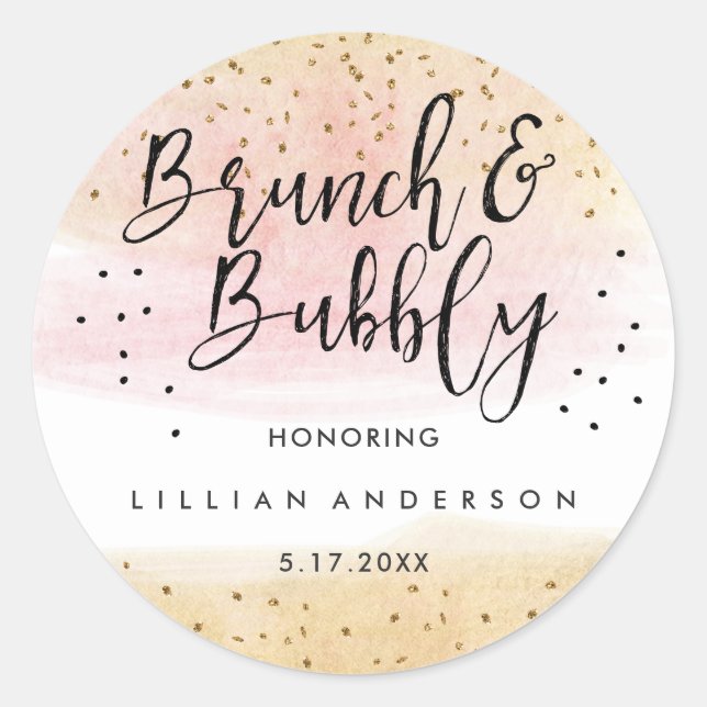 Gold Pink Glitzer Brunch and Bubbly Brautparty Runder Aufkleber (Vorderseite)