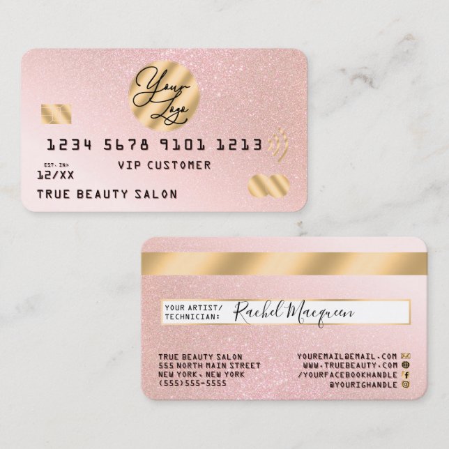 Gold Pink Glitzer Credit Card Logo Visitenkarte (Vorne/Hinten)