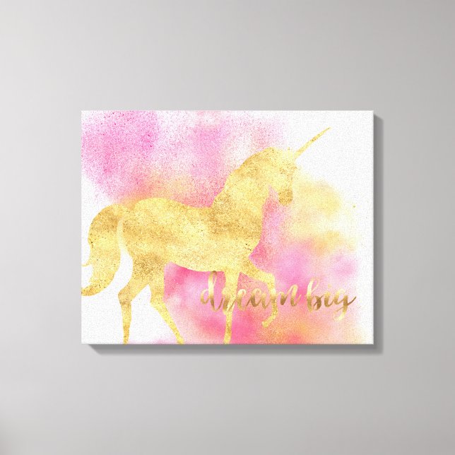 Gold Pink Glitzy Dream Big Unicorn Leinwanddruck (Vorderseite)