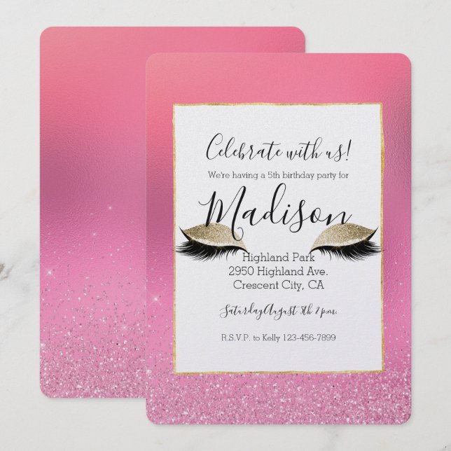 Gold Pink Glitzy Eyes Einladung (Vorne/Hinten)