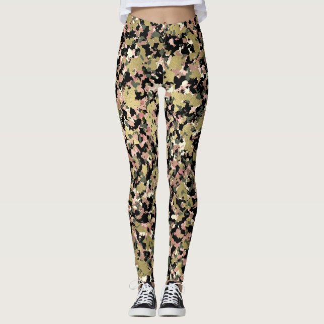 Gold Pink Green Black Camouflage Muster Print Leggings (Vorderseite)