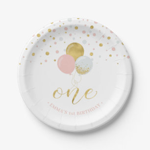 Gold & Pink Konfetti, Luftballons 1. Geburtstagspa Pappteller