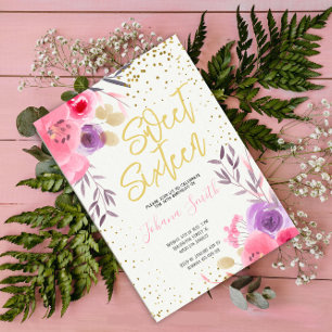 Gold Pink Lila Floral 16 . Geburtstag Geburtstag Einladung