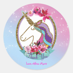 Gold Pink Lila Magischer Einhorn Geburtstagsparty Runder Aufkleber