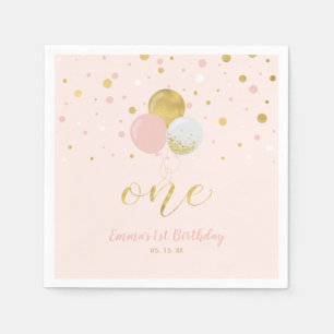 Gold & Pink   Luftballons, Konfetti Mädchen 1. Geb Serviette