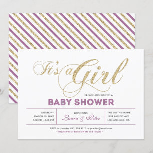 Gold & Pink   Mädchen, Chic-Typografie-Baby-Einlad Einladung
