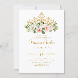 Gold Pink Mädchen Prinzessin Florale Tiara Geburts Einladung