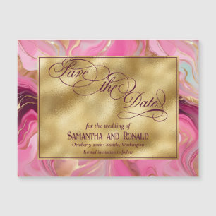 Gold Pink Marbled Wedding Magnetic Announcement Magnetkarte