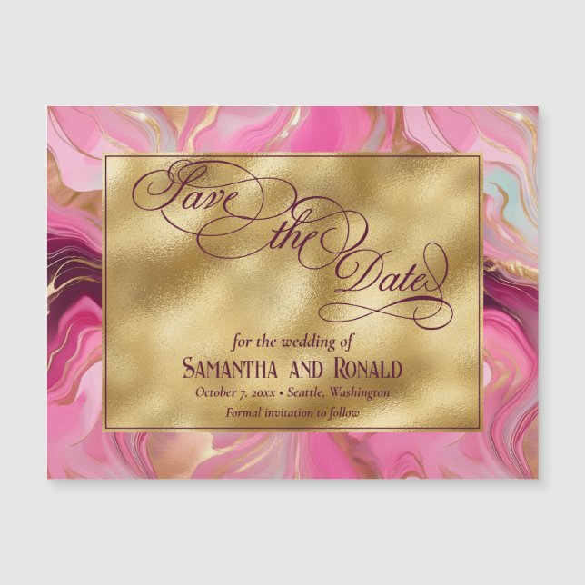 Gold Pink Marbled Wedding Magnetic Announcement Magnetkarte (Vorderseite)