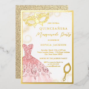 Gold Pink Masquerade Party Kleid Quinceanera Folieneinladung