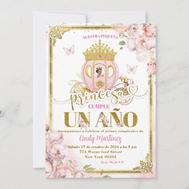 Gold Pink Mexikanisch Uno Princesa Carriage Einlad Einladung (Vorderseite)