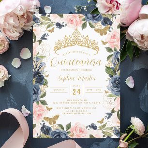 Gold Pink Navy Blumen-Tiara Schmetterling Quincean Einladung