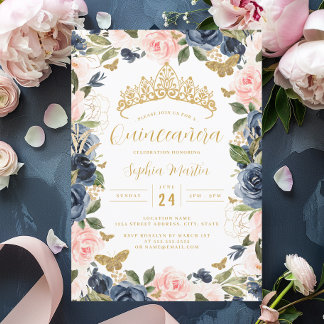 Gold Pink Navy Floral Tiara Butterfly Quinceanera Einladung