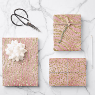 Gold Pink Ombre Zebra Leopard Geschenkpapier Set