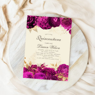 Gold Pink Roses Quinceanera QR Code Einladung