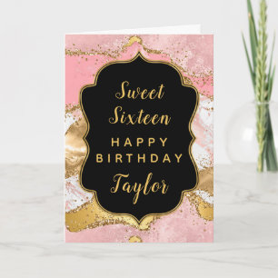 Gold Pink Sequins Agate Sweet 16 Happy Birthday Karte