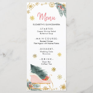 Gold Pink Sleigh Winter Snowflake Babydusche Menü Menükarte