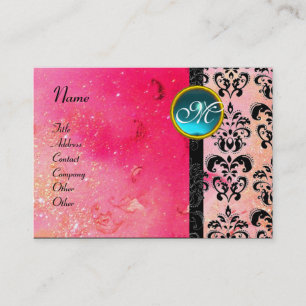 GOLD PINK SPARKLING DAMASK MONOGRAM, fuchsienblau Visitenkarte