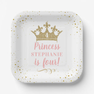 Gold Pink Tiara Crown Geburtstagsparty Square Pappteller