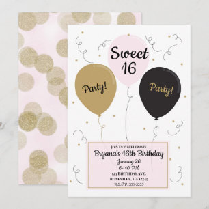 Gold Pink und schwarze Ballons Süße 16. Geburtstag Einladung