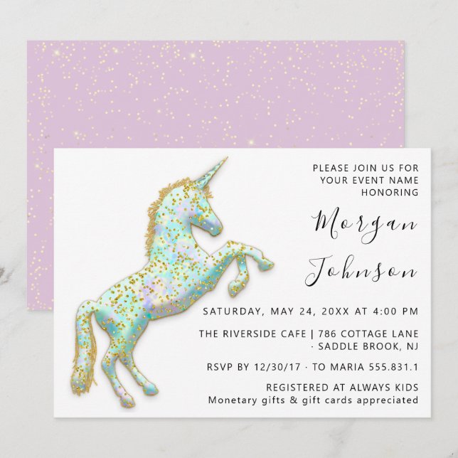 Gold Pink Unicorn Horse White Birthday Baby Dusche Einladung (Vorne/Hinten)