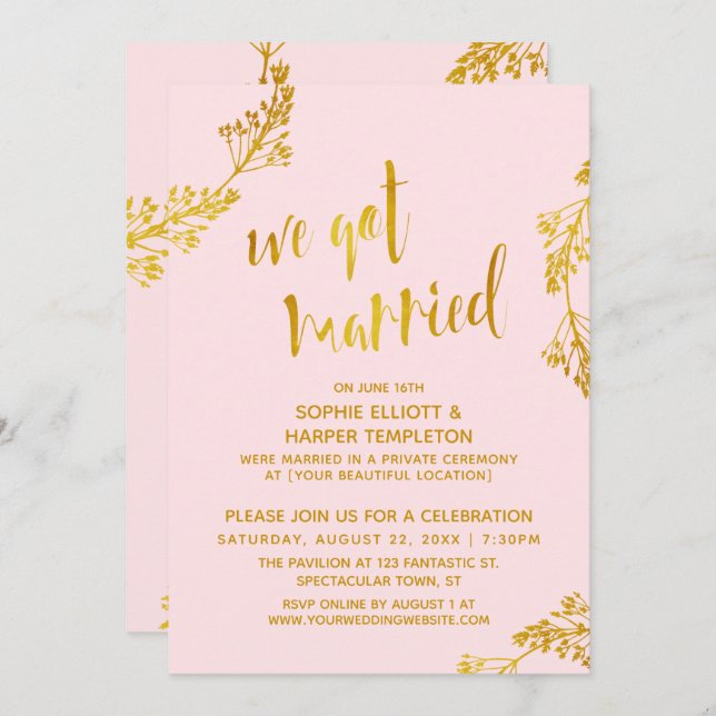 Gold & Pink Wir haben Verheiratete Post Wedding Pa Einladung (Vorne/Hinten)