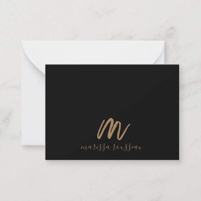 Gold Pinsel Anstrich Monogram Script Name Schwarz Mitteilungskarte (Vorderseite)