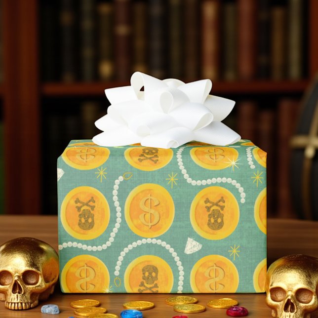 Gold Pirate Coin Treasure Geschenkpapier (Gold pirate coin gift wrap with pearls and gems, perfect for kids’ pirate parties and treasure hunts)