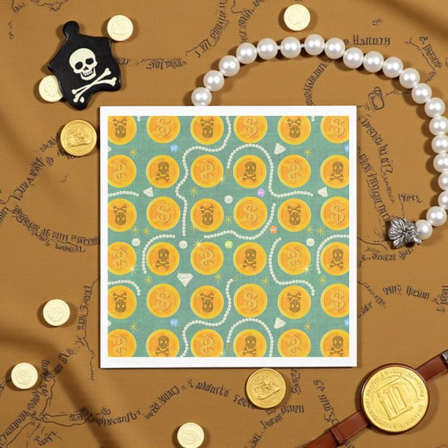 Gold Pirate Coins and Pearls Pattern Serviette (Golden pirate coins and pearls napkin, perfect for kids’ pirate parties and treasure themes.)