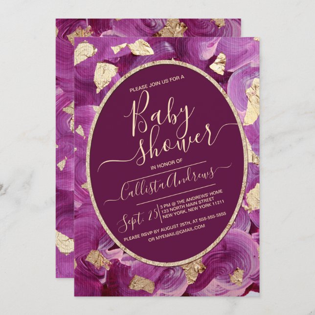 Gold Plum Lilac Akrylen Brushstroke Babydusche Einladung (Vorne/Hinten)