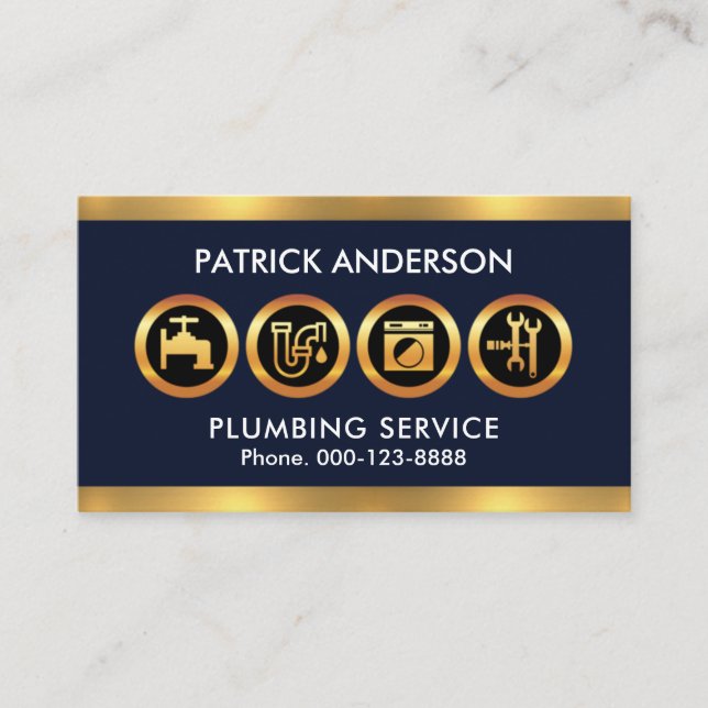 Gold Plumber Icons Border Plumbing Contractor Visitenkarte (Vorderseite)
