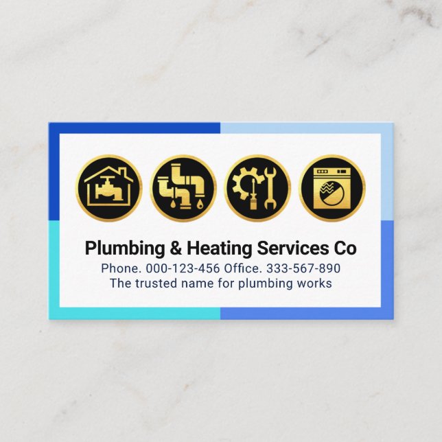 Gold Plumbing Icons On Blue Frame Visitenkarte (Vorderseite)