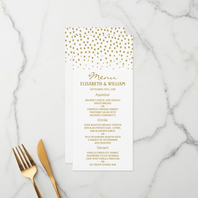 Gold Polka Dot - White & Gold - Hochzeit Menükarte (Vorderseite/Rückseite Beispiel)