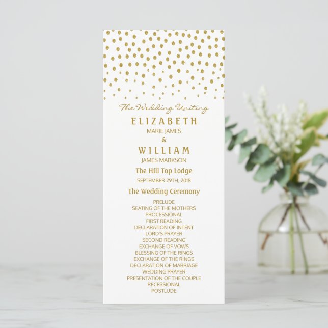 Gold Polka Dot - White & Gold - Hochzeitsprogramm Programm (Stehend Vorderseite)