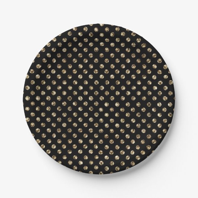 Gold Polka Dots auf schwarzen Papierplatten Pappteller (Vorderseite)