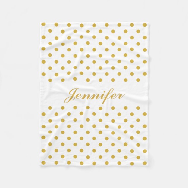 Gold Polka Dots auf weißem Personalisiertem Namen Fleecedecke (Vorderseite)