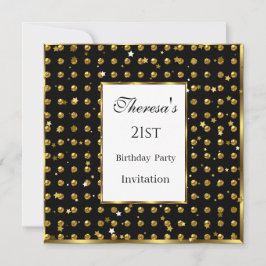 Gold Polka Dots Gold Stars Black Birthday Einladung