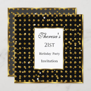 Gold Polka Dots Gold Stars Black Birthday Einladung