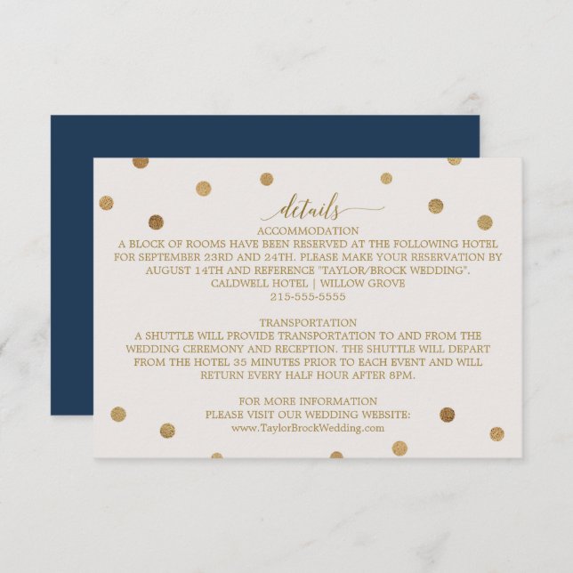 Gold Polka Dots Hochzeitdetails - Eintrittskarte Begleitkarte (Vorne/Hinten)